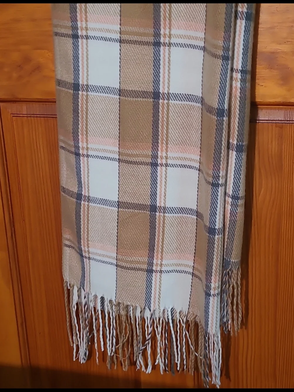 Plaid Fringe Wrap Scarf in Camel and Cream NWOT